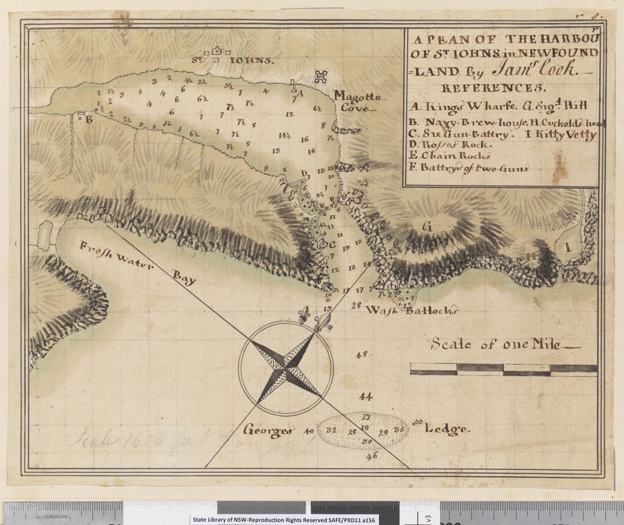 bl.a. En plan för hamnen i St Johns i Newfoundland av James Cook
