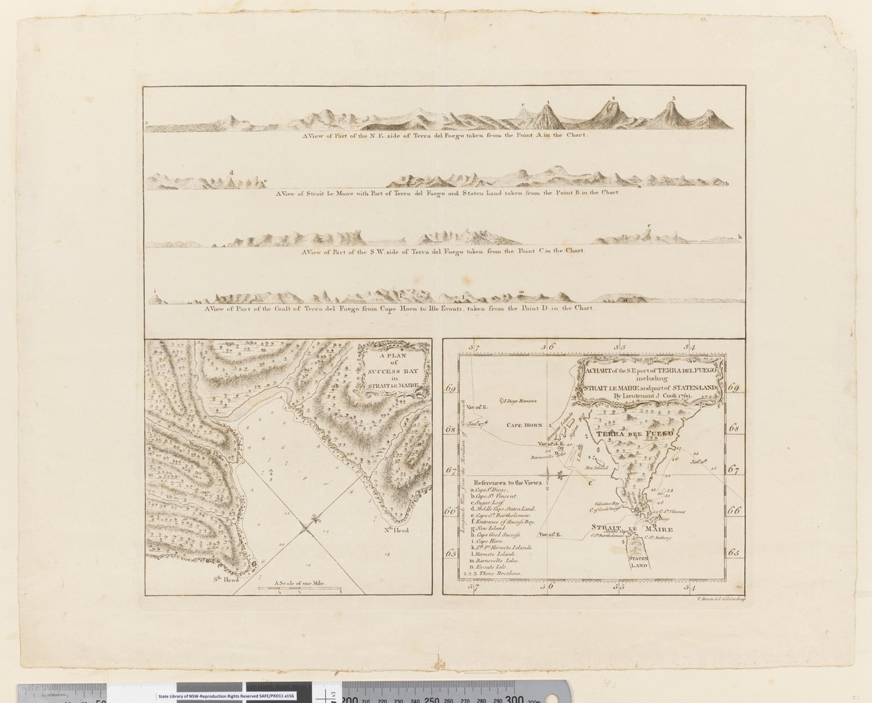 ii. (a) Fyra profiler av kusten vid Terra del Fuego (b) En plan över Success Bay i Strait le Maire (c) Ett diagram över S.E. del av Terra del Fuego, graverad av T. Borven och J. Gibson av James Cook