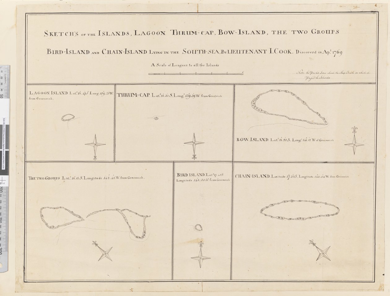 iii. Skisser över öarna Lagoon, Thrum-Cap, Bow-Island, de två grupperna, Bird Island och Chain Island, som ligger i söder, havet... upptäcktes i Apl 1769 av James Cook
