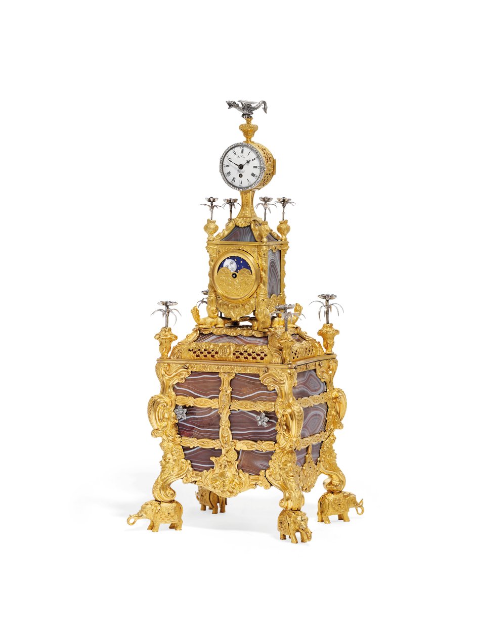 George III musikalisk urbordsur, ca 1766 (ormolu, silver och agat) (se även 1860) av James Cox