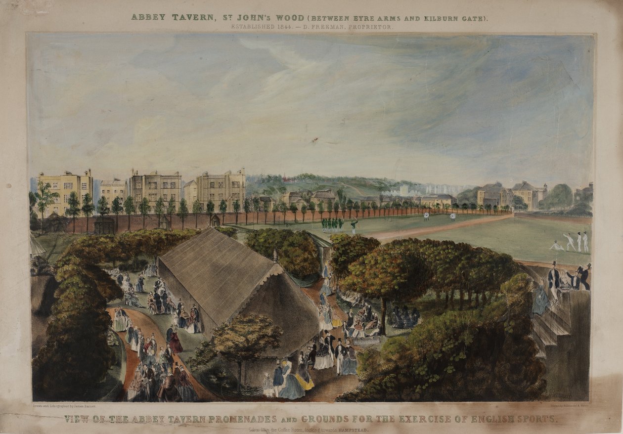 Utsikt över Abbey Taverns promenader och mark, Violet Hill, Marylebone, ca 1870 av James D Barnett