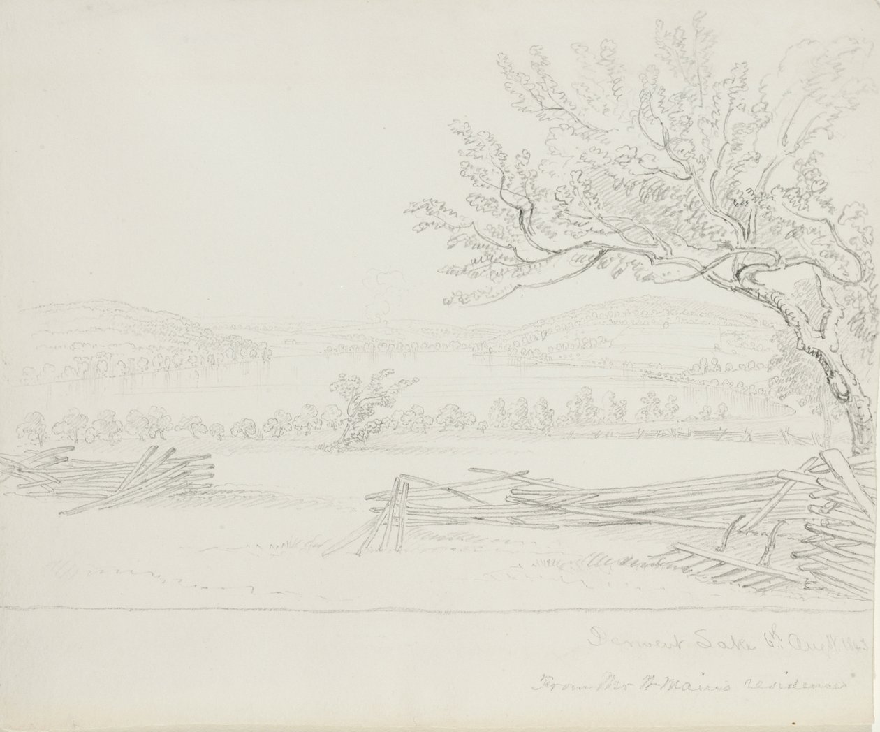 Derwent Lake från Mr. W. Mains Residence, 1843 (grafit på krämvävt papper) av James David Smillie
