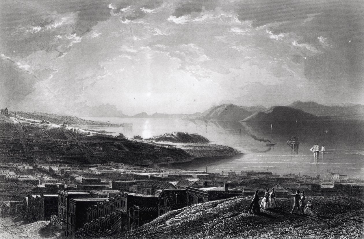 Golden Gate, från Telegraph Hill, från "Picturesque America", av William Cullen Bryant, graverad av Edward Paxman Brandard (1819-98) c.1873 av James David Smillie