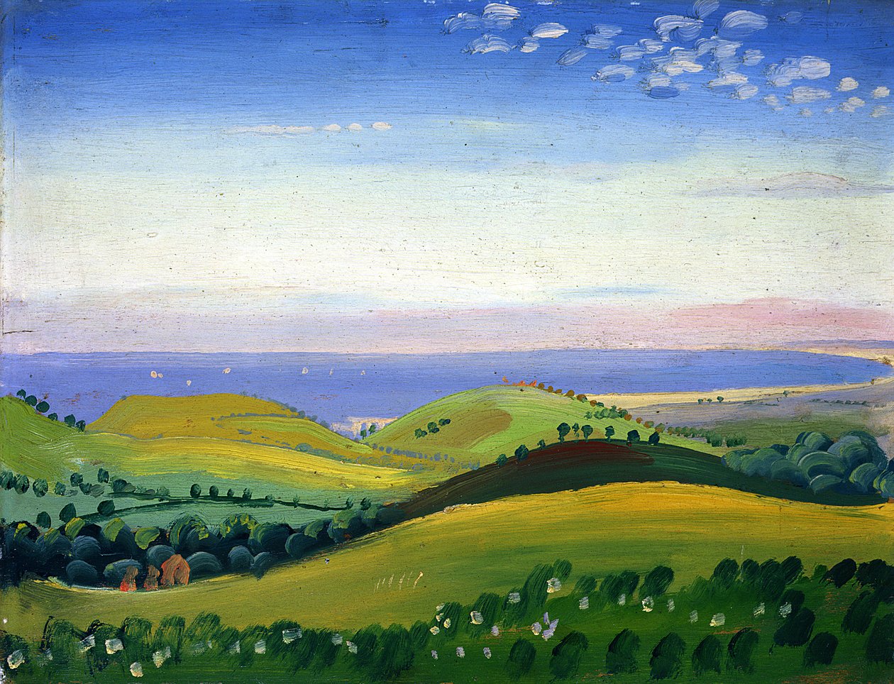 Utsikt från White Hart, Guestling, Sussex, ca 1911-12 (olja på panel) av James Dickson Innes