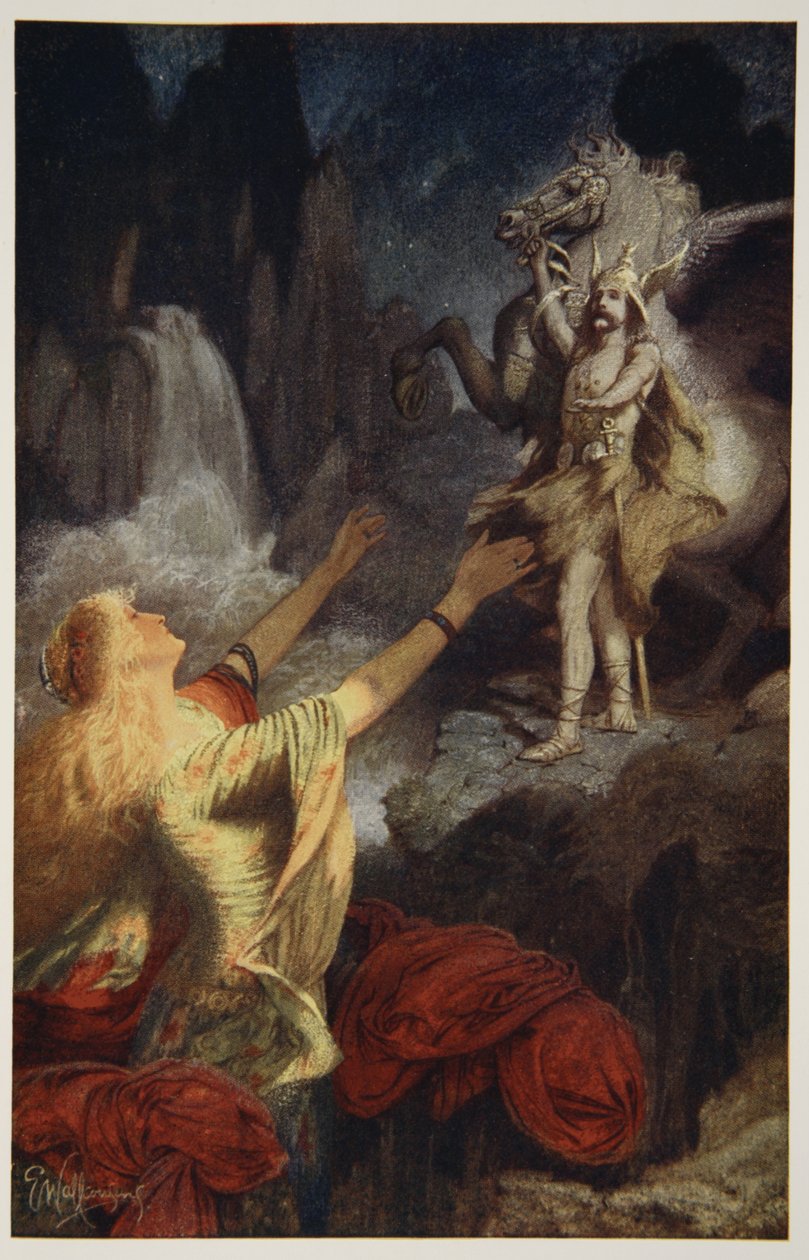 Hundingsbanes återvänder till Valhal, illustration från "Teutonic Myths and Legends" av Donald A. Makenzie, 1890 av James Doyle Penrose