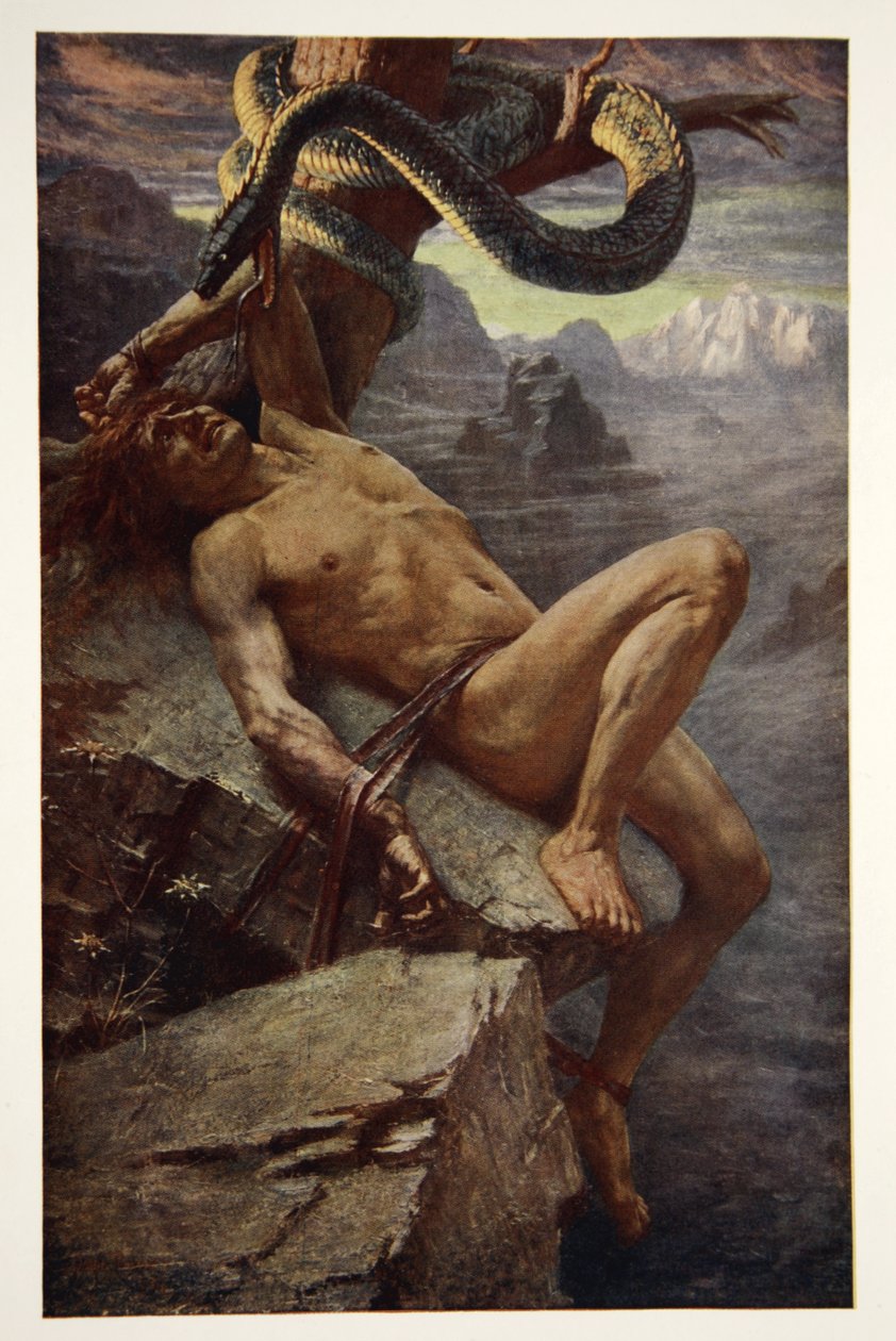 Bestraffning av Loke, frontispice från "Teutonic Myths and Legends" av Donald A. Makenzie av James Doyle Penrose