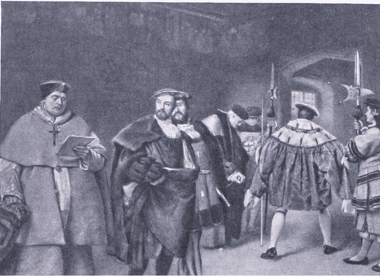 Avskedande av kardinal Wolsey av kung Henry VIII, från Cassells History of the British People publicerad av Waverley Book Company, ca 1950-talet av James Dromgole Linton