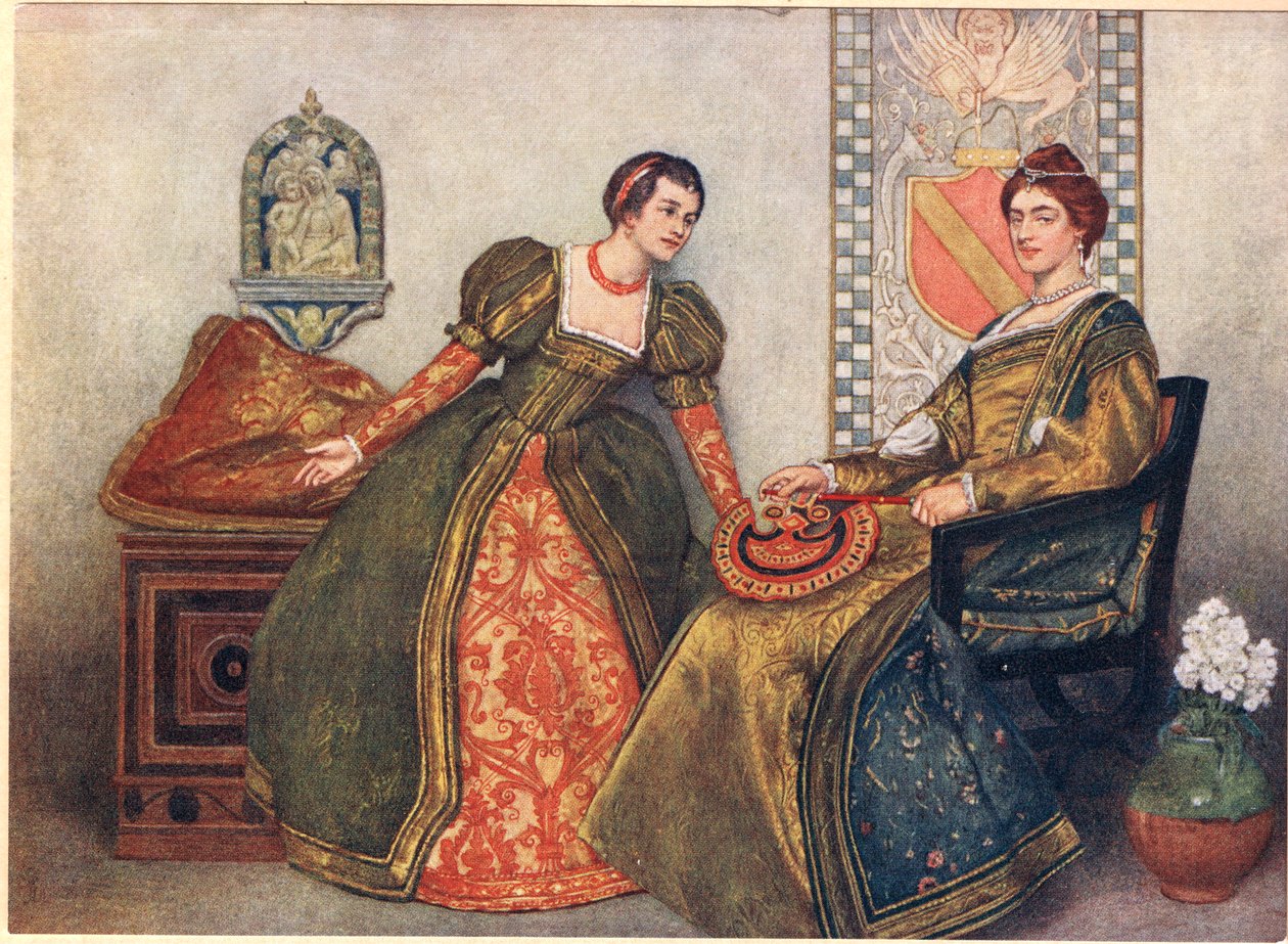 Portia och Nerissa, illustration från "The Merchant of Venice", c.1910 av James Dromgole Linton