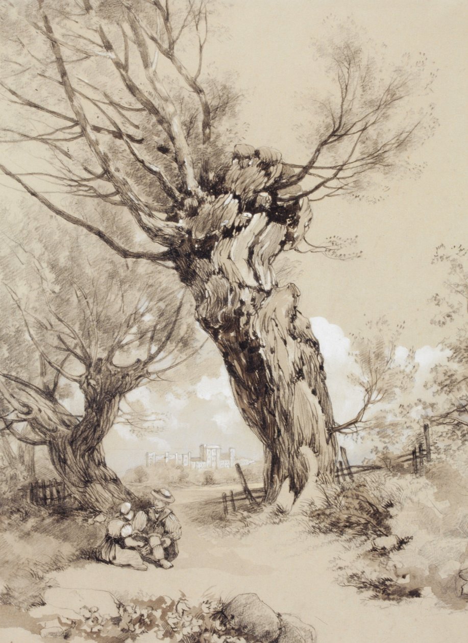 Landskap med figurer under beskärda träd av James Duffield Harding
