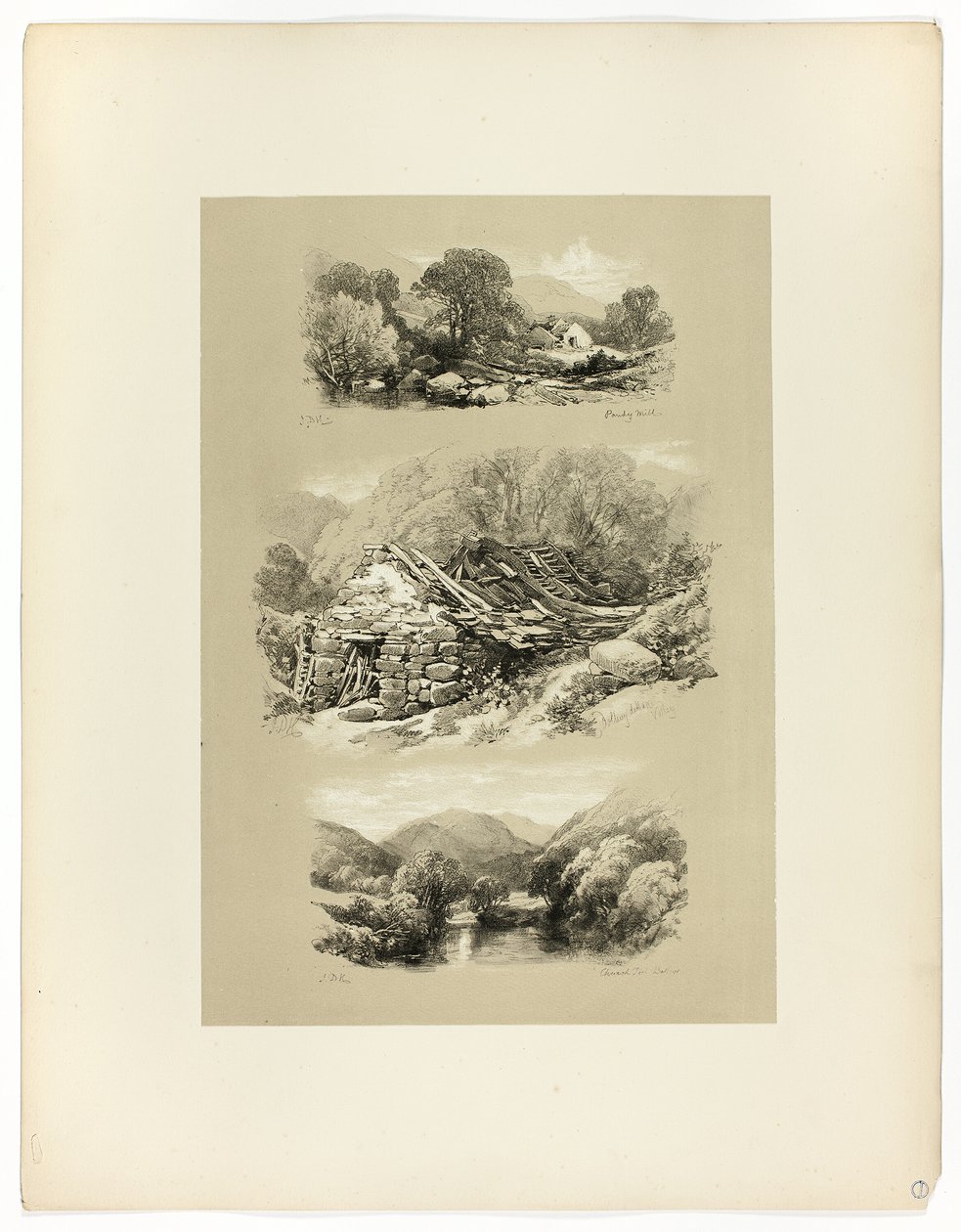 Pandy Mill, Church Pool och ett annat ämne, från Picturesque Selections av James Duffield Harding