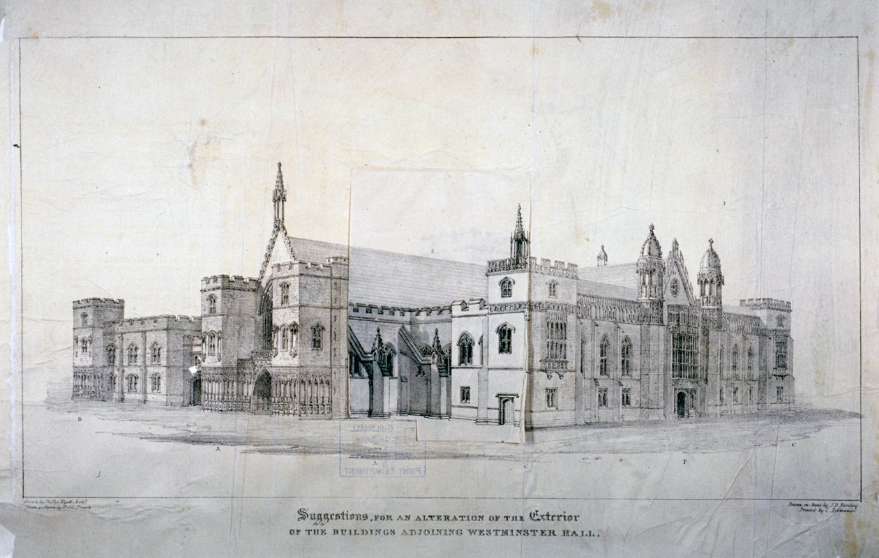 Förslag på ändringar av byggnaderna intill Westminster Hall, London, c1825. av James Duffield Harding