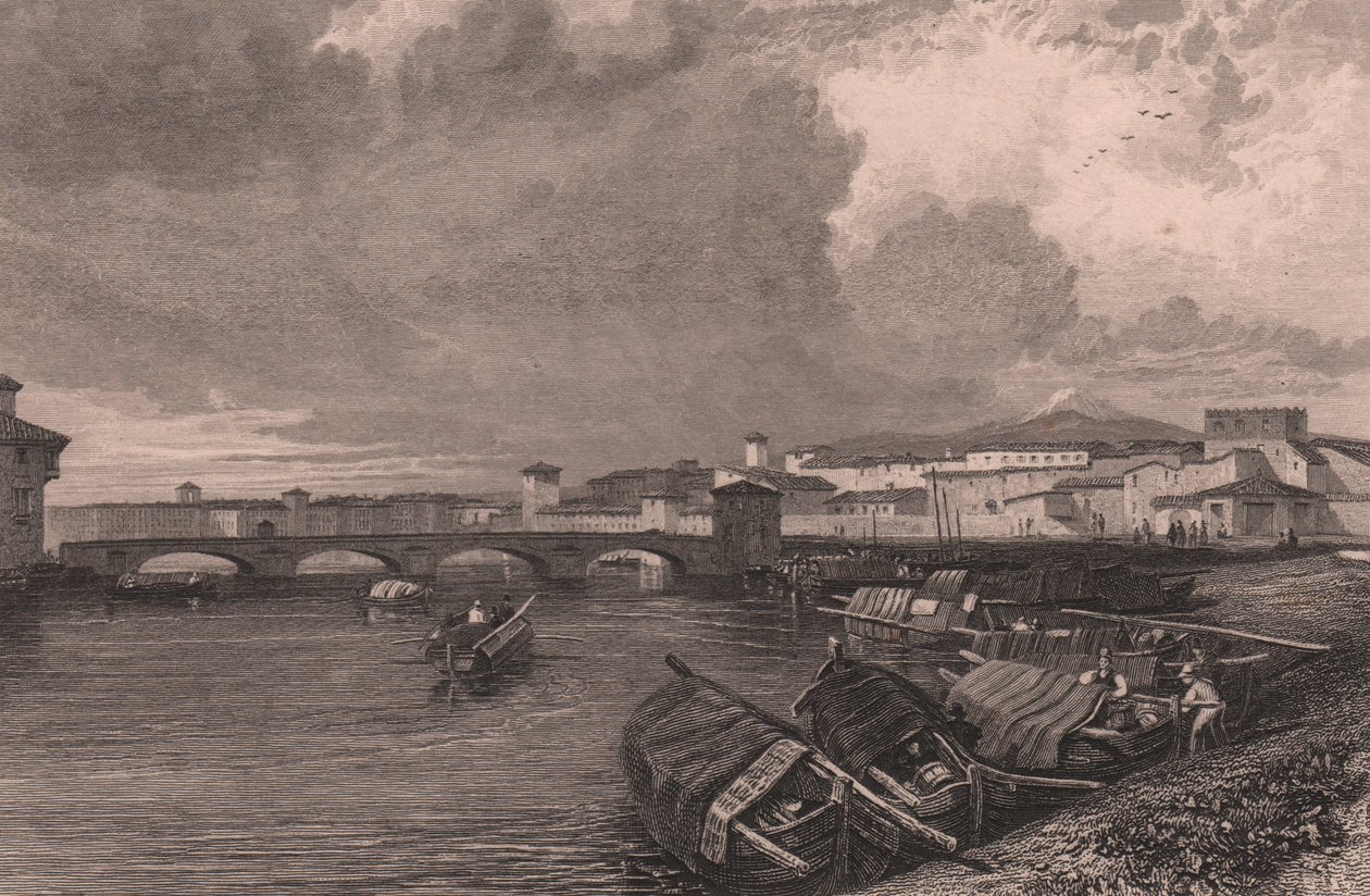Vy över floden Arno i Pisa, Toscana, Italien, stålstick av Thomas Higham (1796-1844) efter teckning av James Duffield Harding (1798-1863) av James Duffield Harding