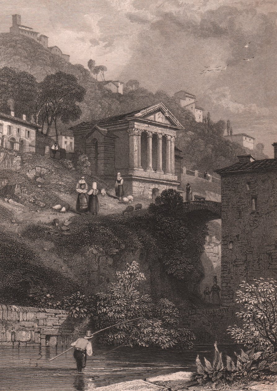 Vy över Clitumnus tempel längs floden Clitunno nära Campello sul Clitunno, Umbrien, Italien, stålstick av Jordan efter teckning av James Duffield Harding (1798-1863), cirka 10, 5x15 cm av James Duffield Harding