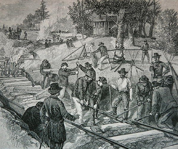 Trupper förstör ett järnvägsspår (gravyr) av James E. Taylor