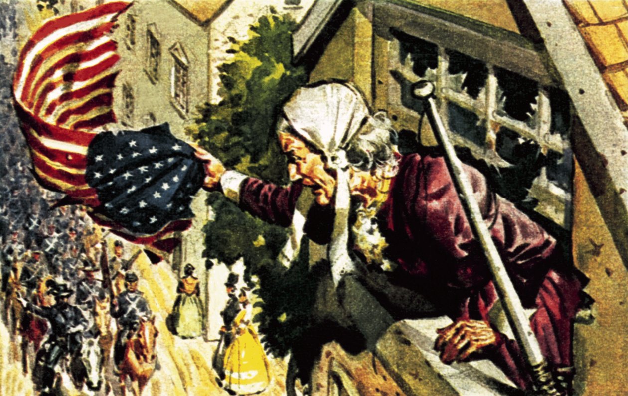 Barbara Frietchie ringer till general Sonewell Jackson under det amerikanska inbördeskriget av James Edwin McConnell
