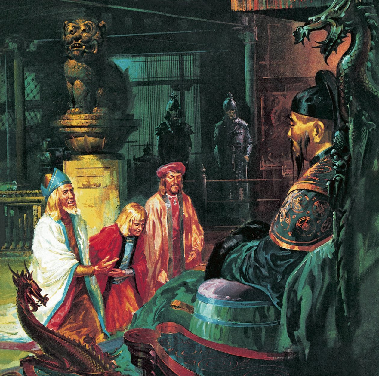 Marco Polo framför Kublai Khan, 1900-talet (litografi) av James Edwin McConnell