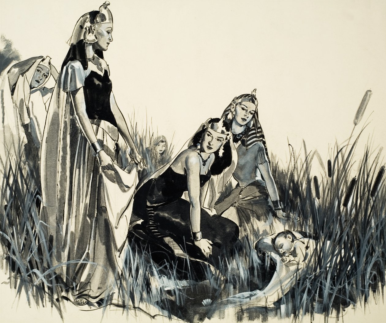 Moses hittas bland tjurruskorna (gouache på papper) av James Edwin McConnell