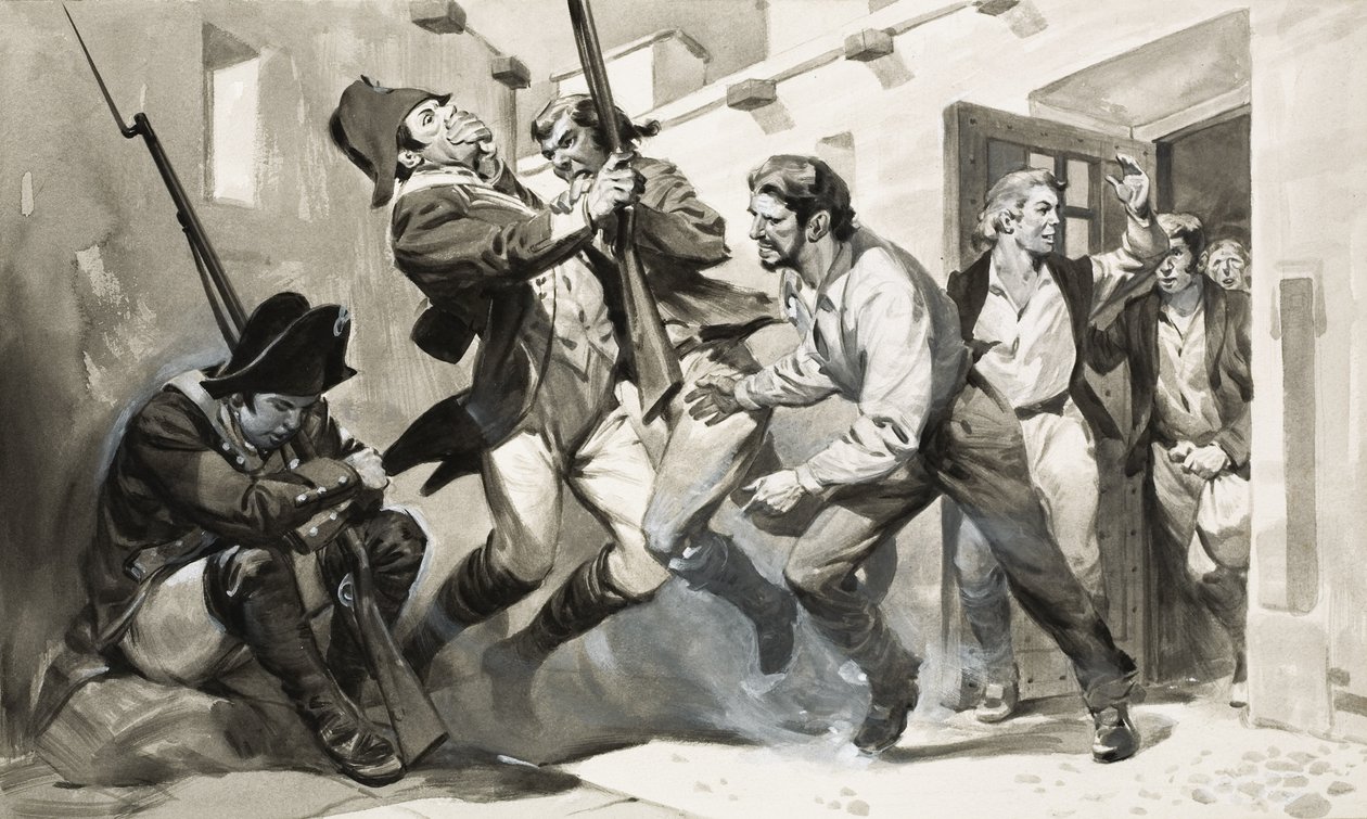 William Scoresby flyr från spanskt fängelse (gouache på papper) av James Edwin McConnell