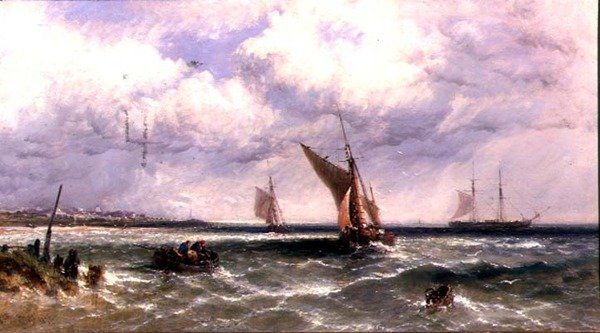 Fiskebåtar som kommer in till stranden med en tvåman för ankar bortom av James Edwin Meadows
