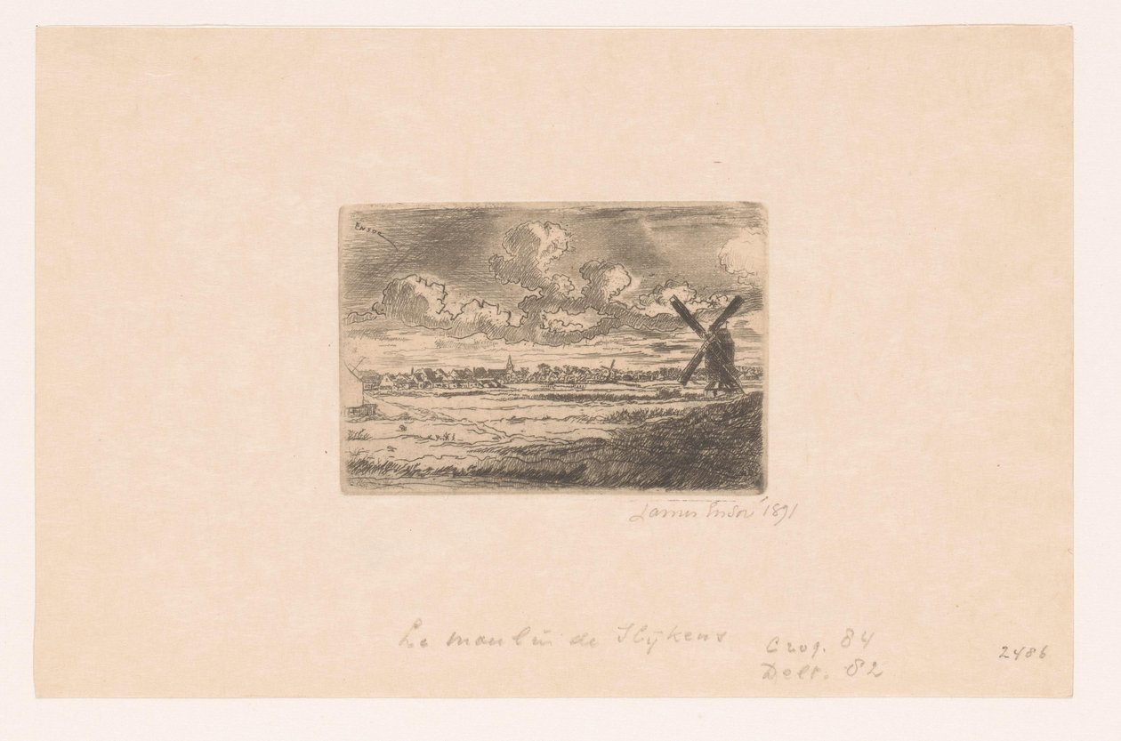 Vy över Slijkens med en väderkvarn i förgrunden Moulin a Slijkens av James Ensor