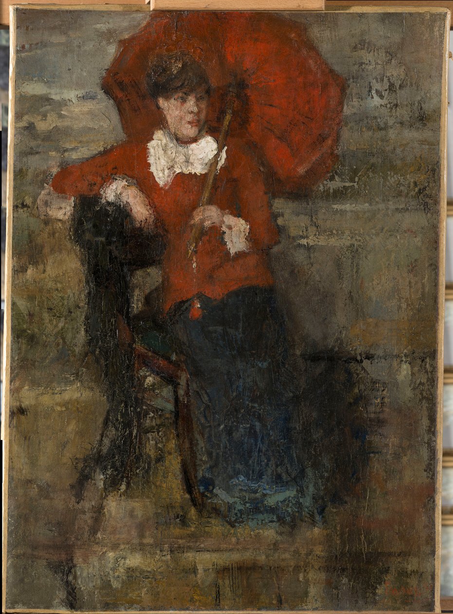 Dam med rött parasoll av James Ensor