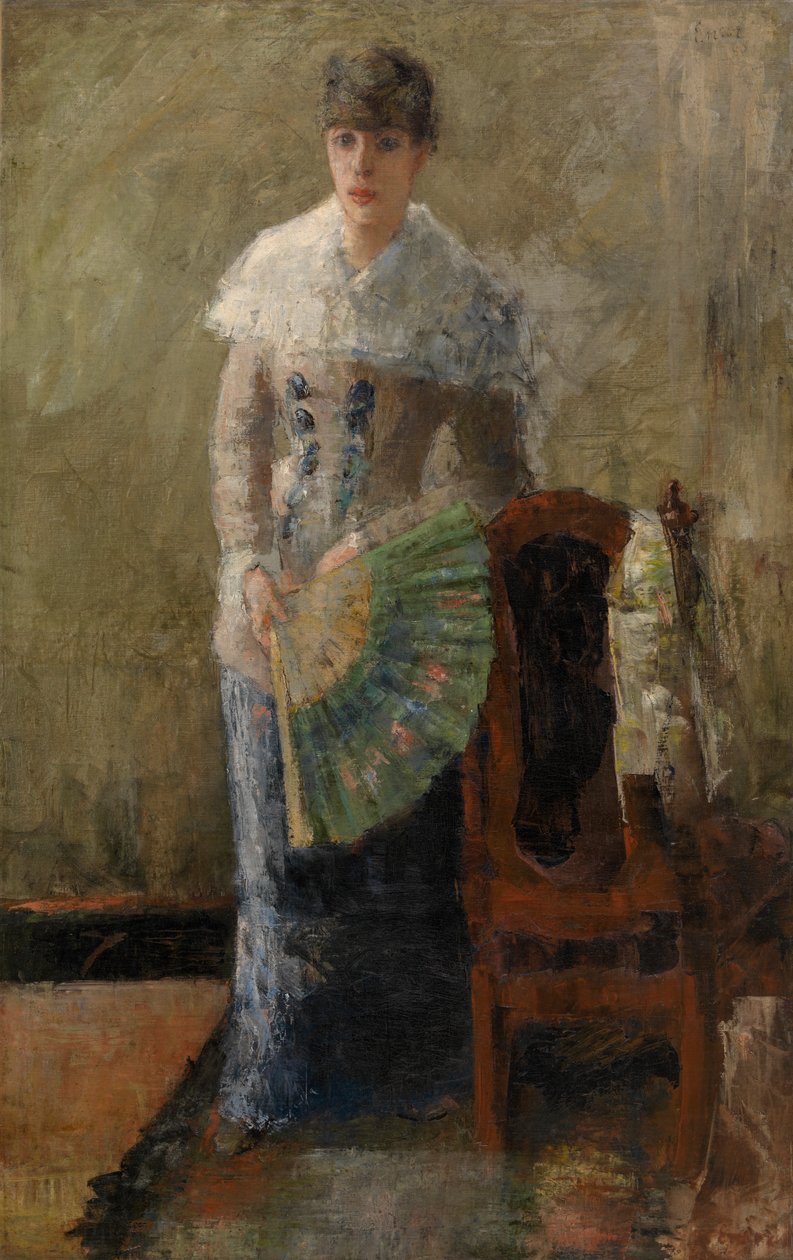 Dam med fläkt (olja på duk, monterad på panel) av James Ensor