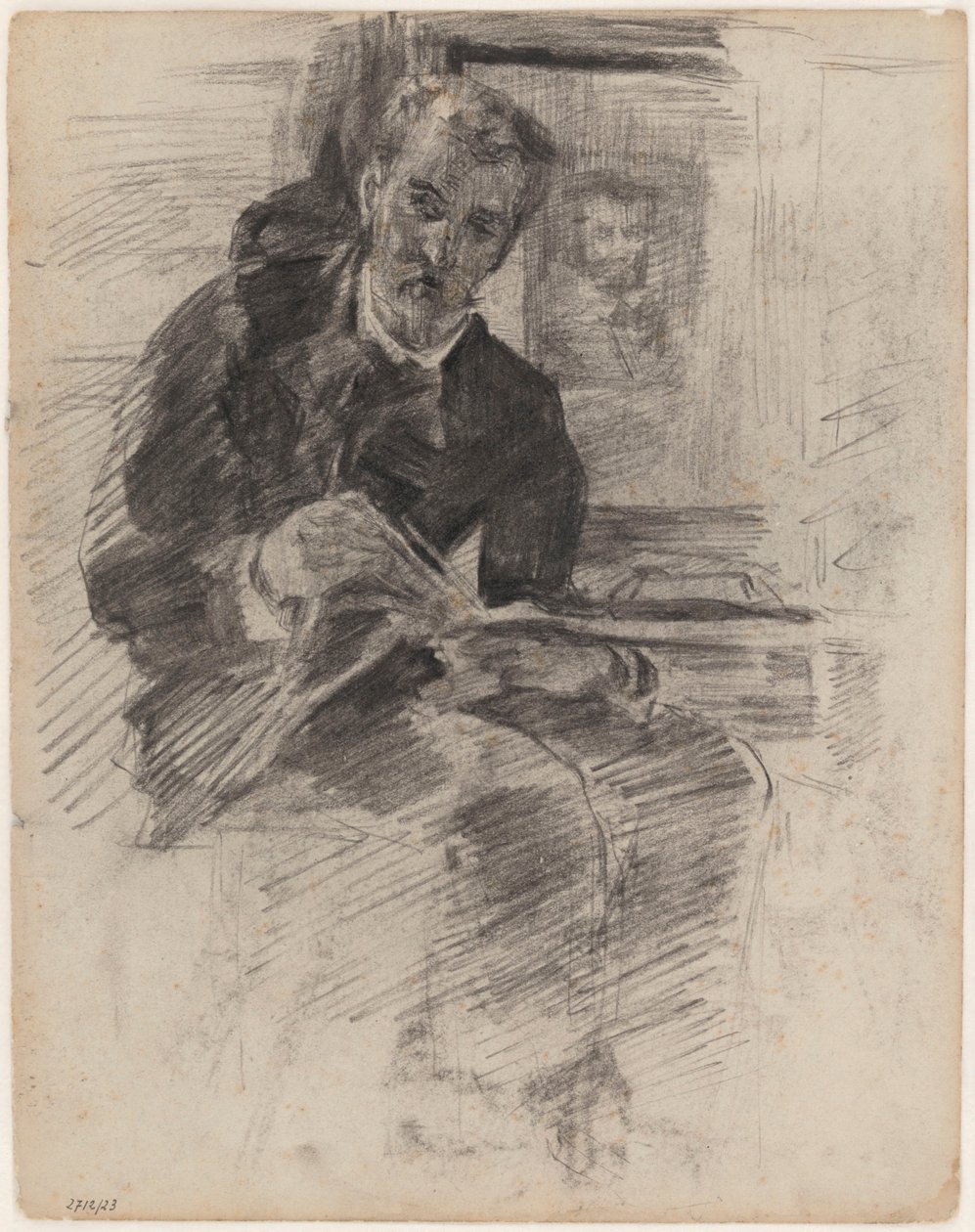 Läsande man (i själva verket: Willy Finch sittande vid ett bord, med palett och penslar i handen) av James Ensor