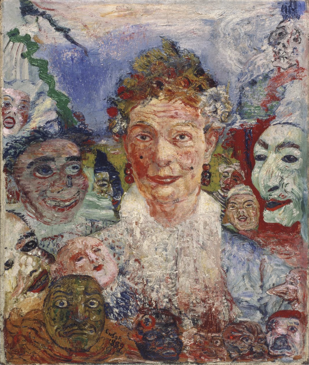 Gammal dam med masker, 1889 av James Ensor