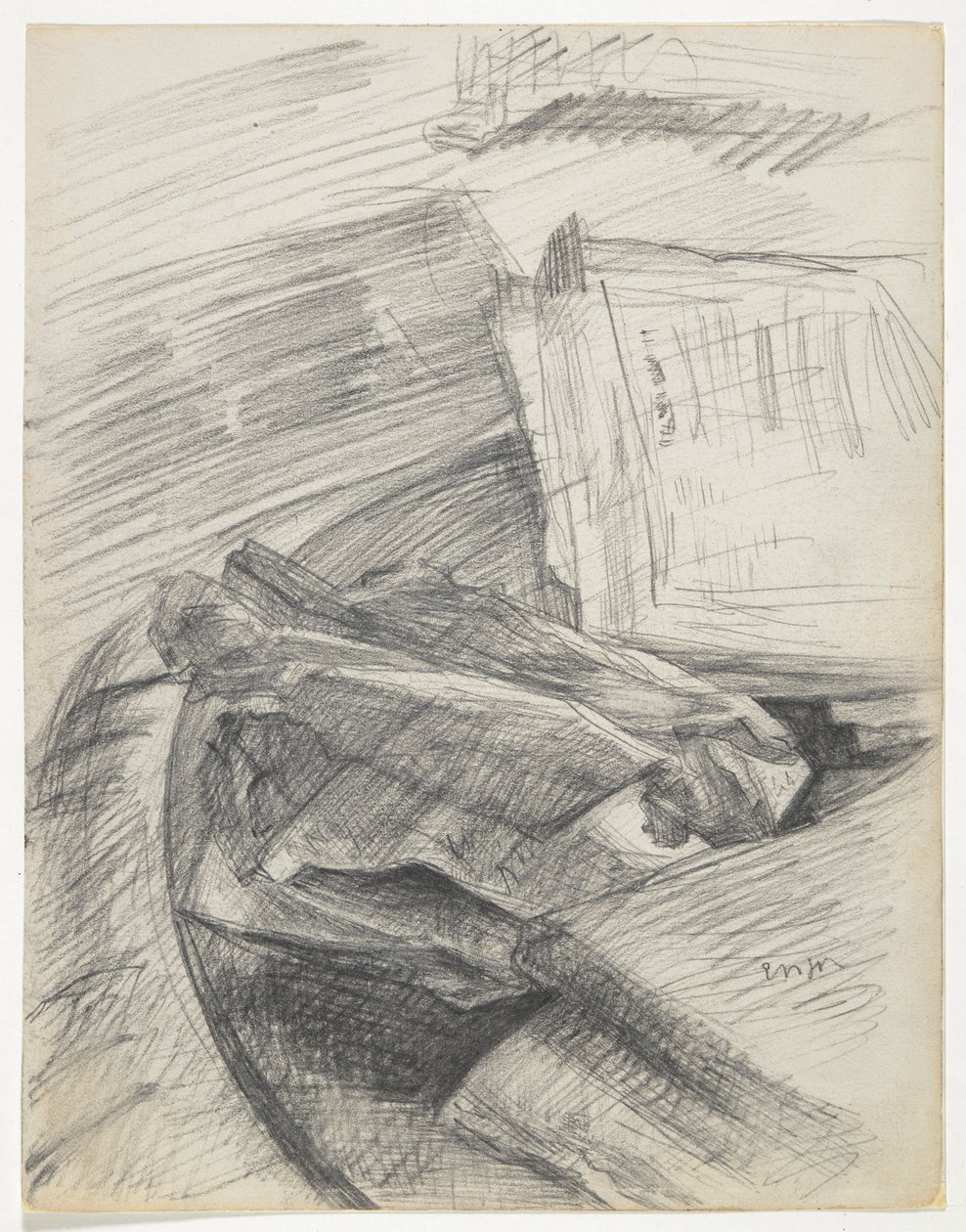 Papper och böcker ordnade på ett bord av James Ensor