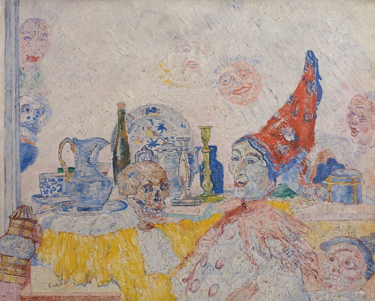 Pjerrot och skelett i en gul mantel av James Ensor