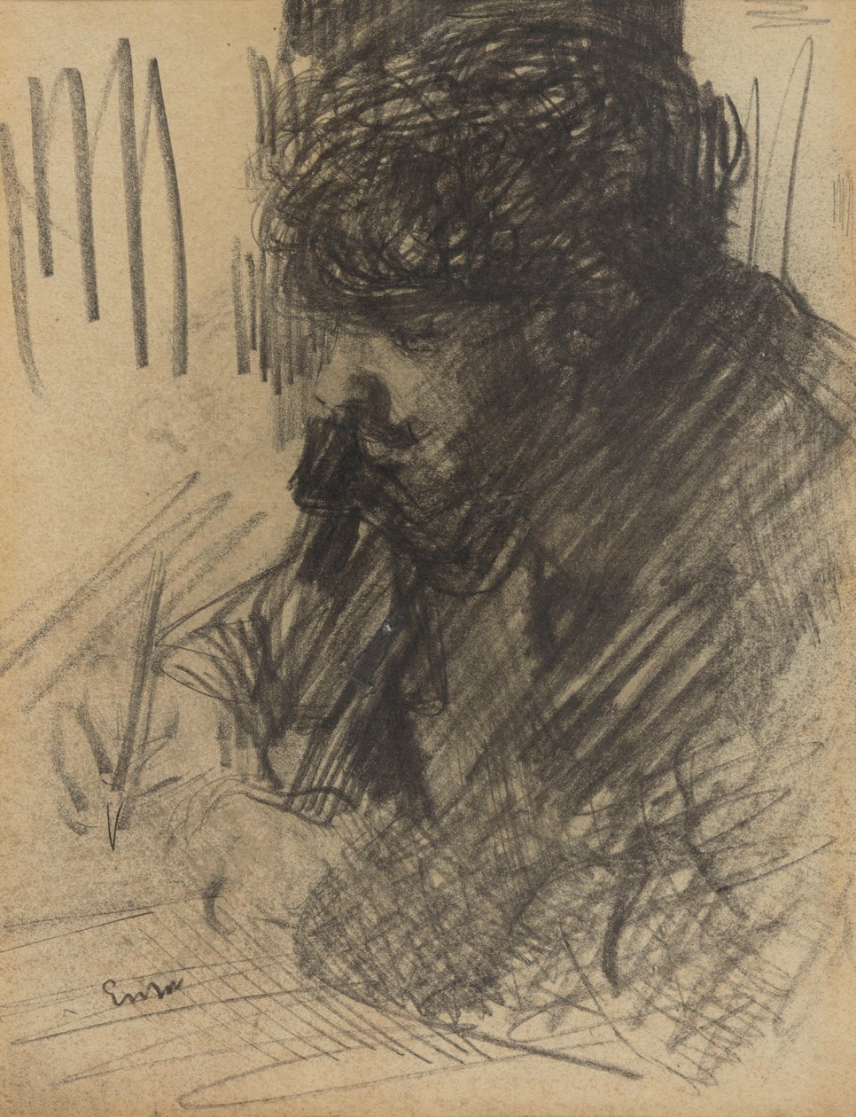 Porträtt av Dario de Regoyos när han skriver av James Ensor