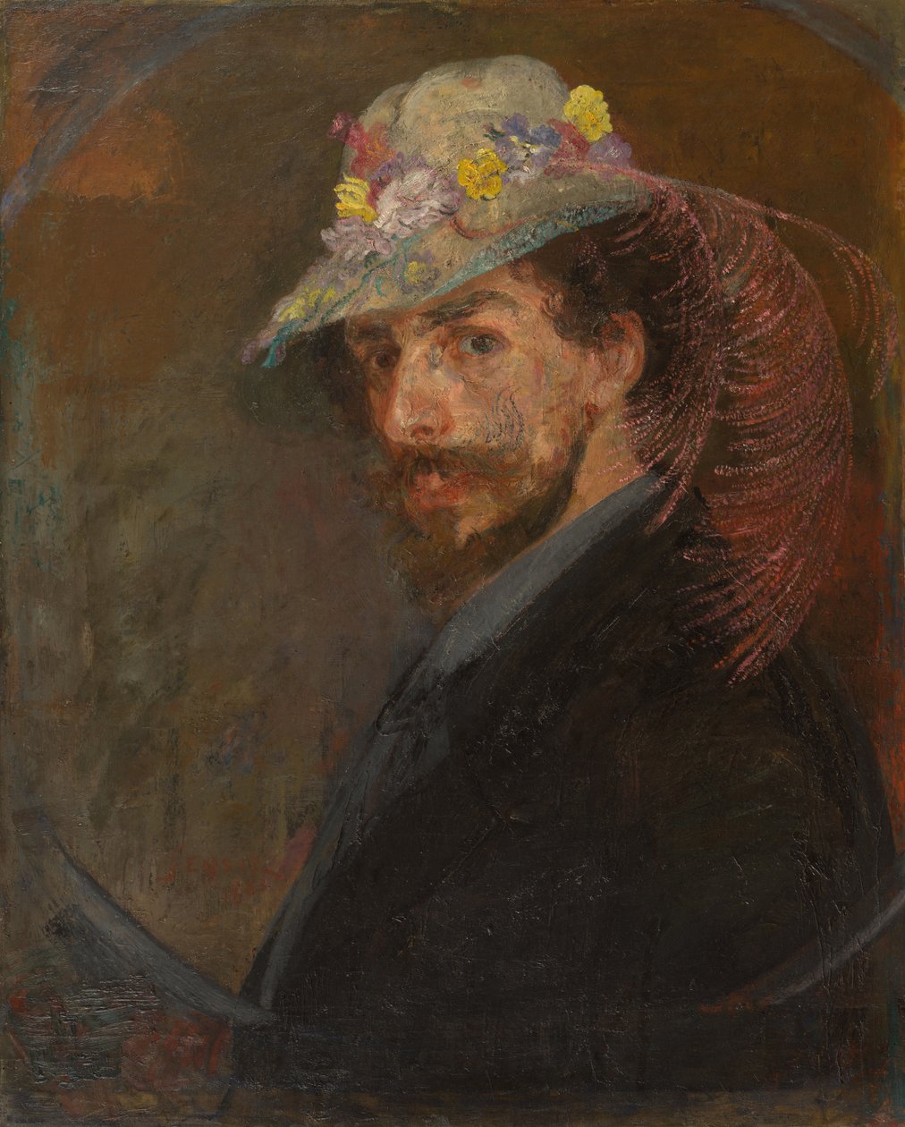 Självporträtt med blommig hatt av James Ensor