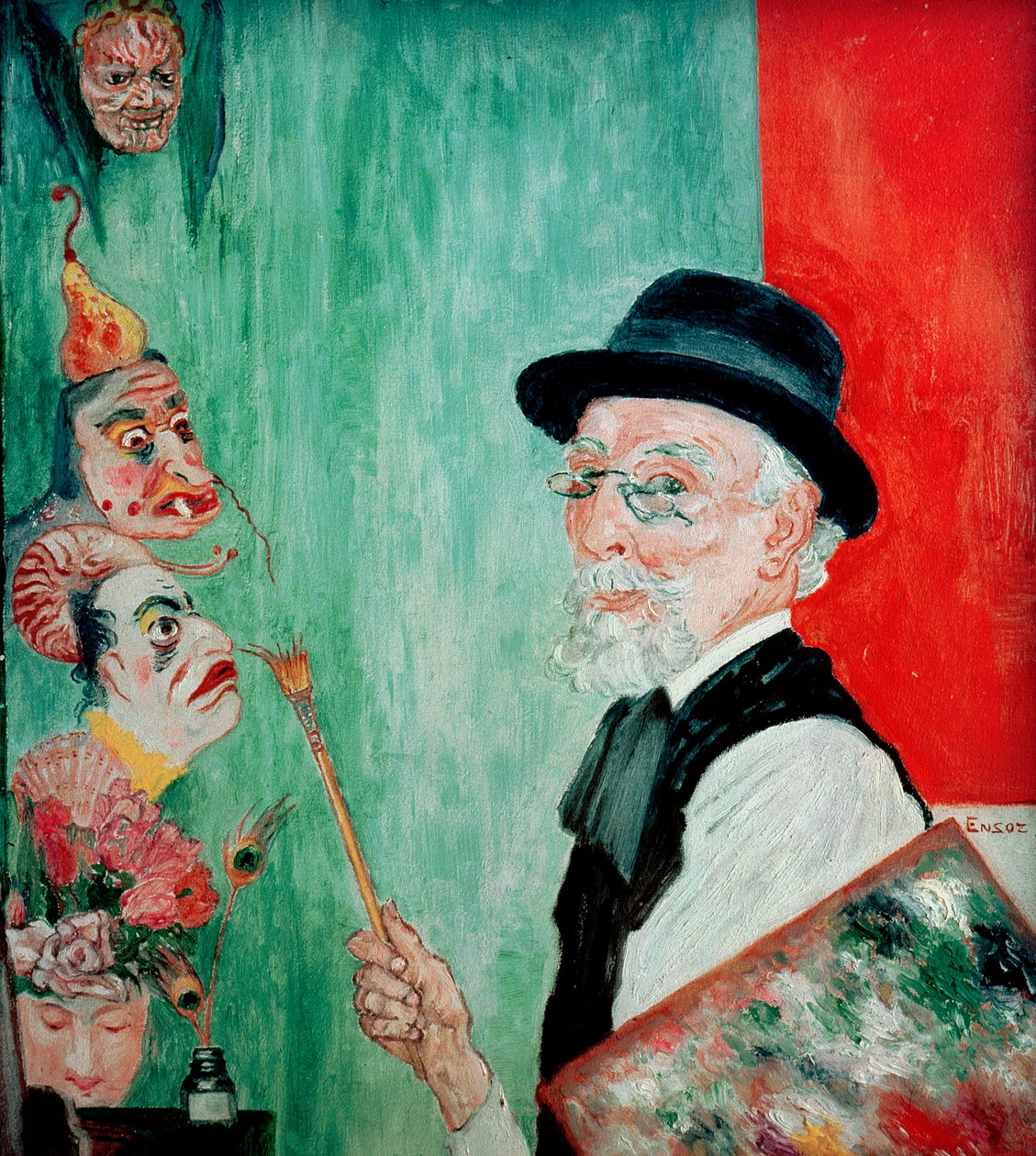 Självporträtt med masker. 1936 (olja på panel) av James Ensor