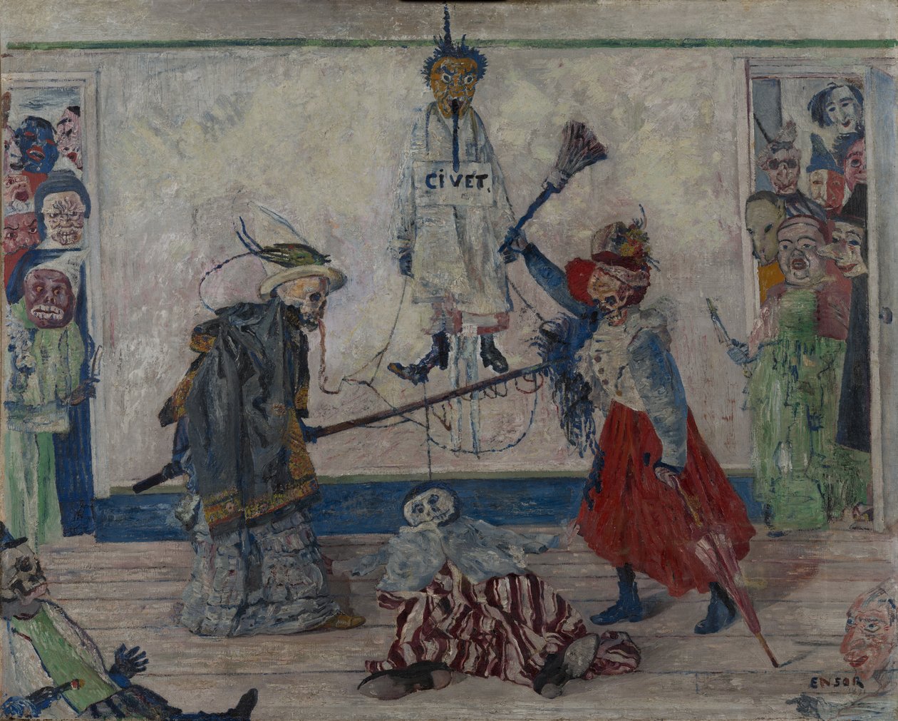 Skelett slåss om kroppen av en hängd man av James Ensor