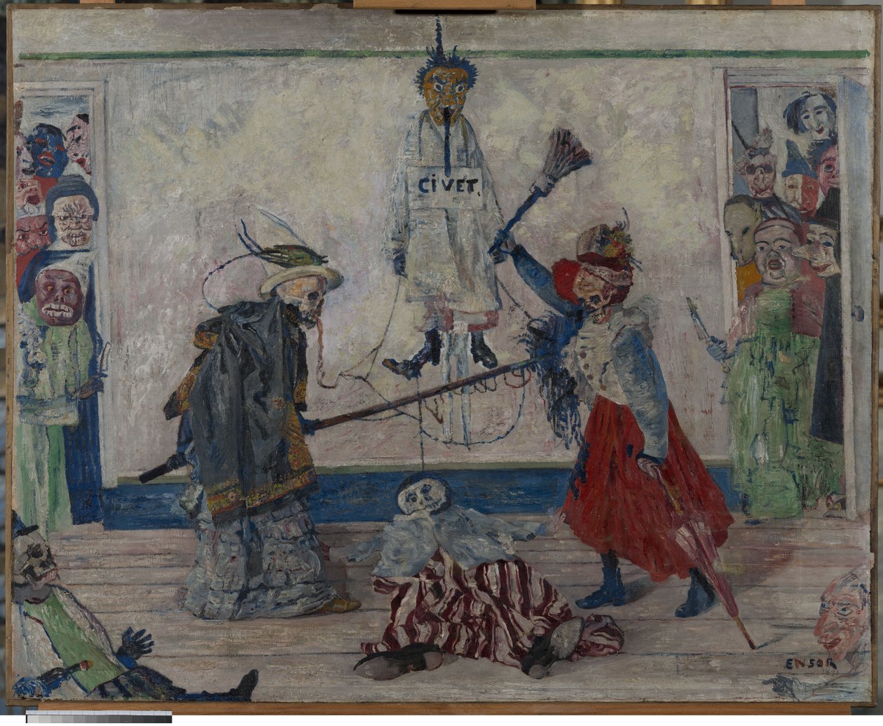 Skelett som slåss om kroppen av en hängd man av James Ensor