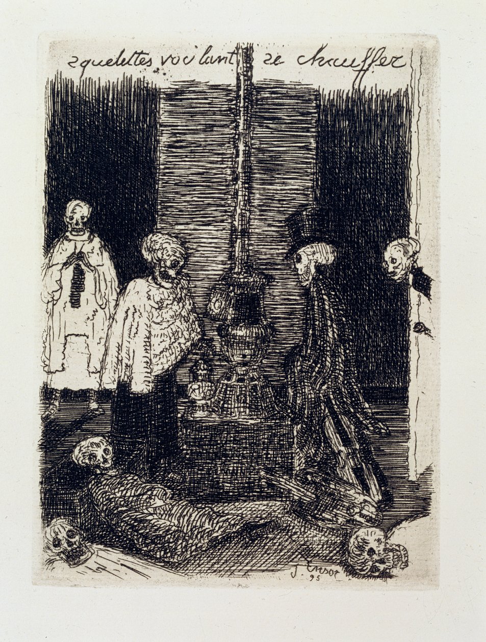 Skelett som försöker värma sig av James Ensor