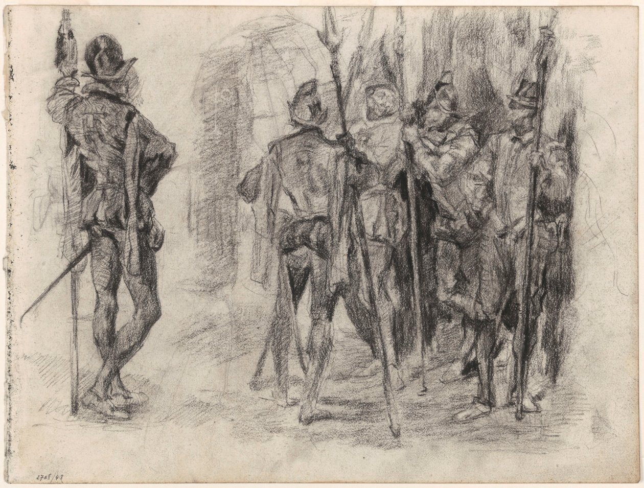 Skisser av figurer och fem spanska soldater med lansar av James Ensor