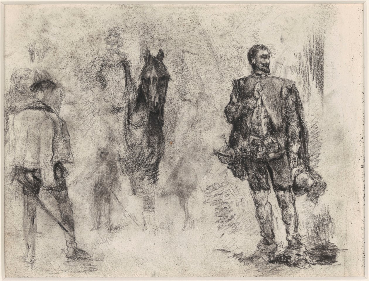 Spanjor sedd bakifrån, ryttare och spanjor med ett upplyft finger av James Ensor