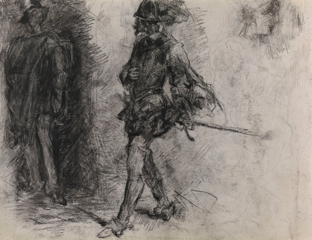 En spanjor som står i skuggan, en annan man och ett huvud i profil av James Ensor