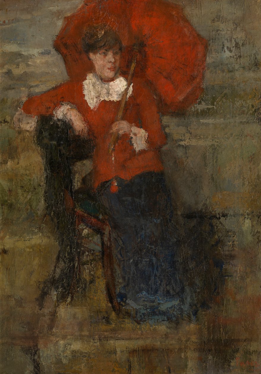 Damen med rött parasoll (olja på duk) av James Ensor