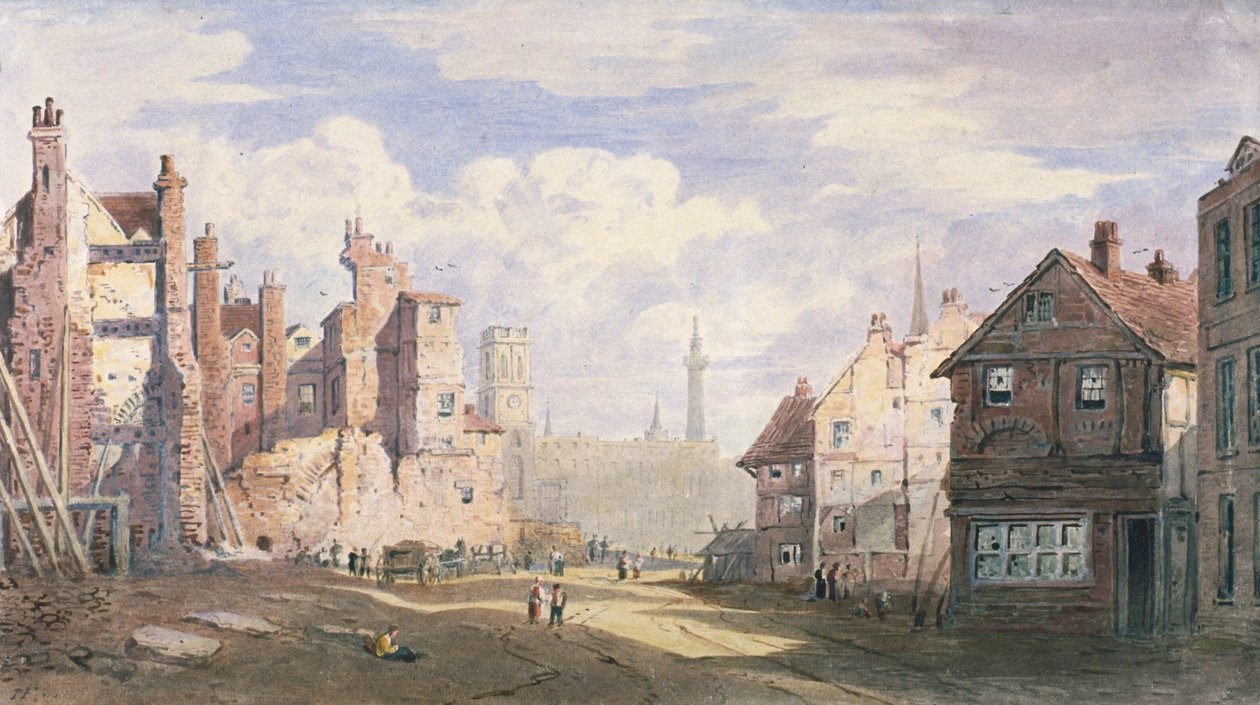 Rivning av gamla hus nära Walbrook för att ge plats åt King William Street, City of London, 1834 av James Fahey