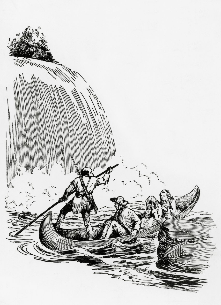 Huvudpersonerna i en kanot vid ett vattenfall, illustration till The Last of the Mohicans av James Fenimore Cooper, Principato Editore, Milano av James Fenimore Cooper