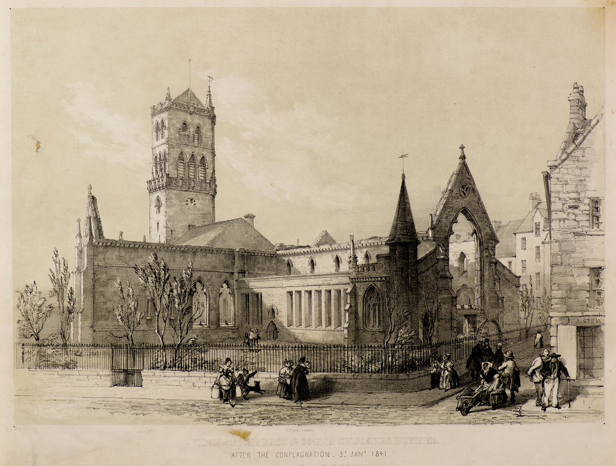 Utsikt över öst- och sydkyrkorna, Dundee, efter eldsvådan, 3 januari 1841 av James Fenton