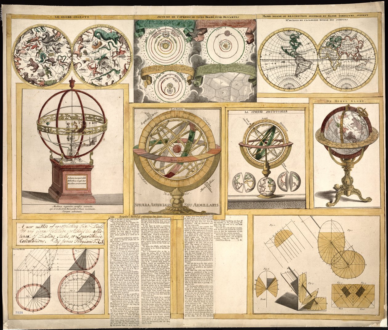 Samling med nio bilder som innehåller astronomiska instrument, himlakort och en världskarta. LOC 2013593153 av James Ferguson