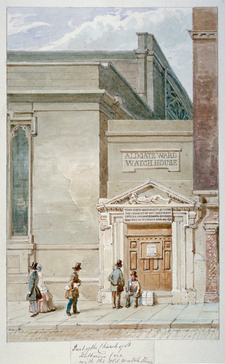 Delvis utsikt över St Katherine Cree och Aldgate Watch House, City of London, 1830 av James Findlay