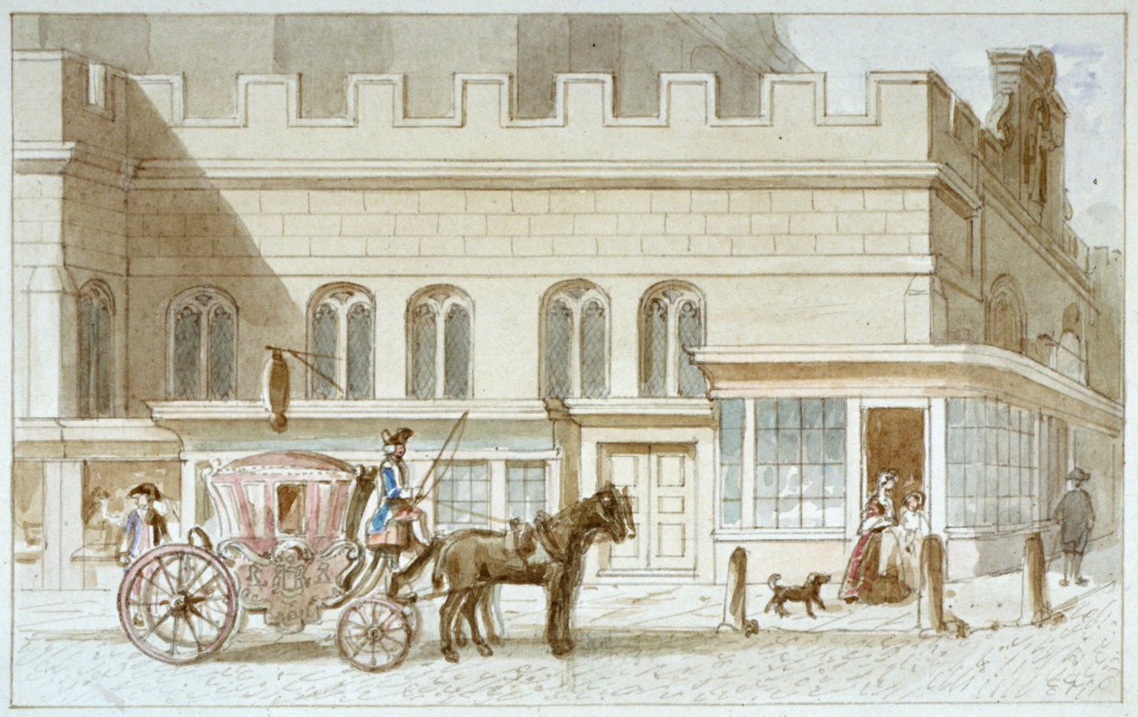 Butiksfronter vid St Dunstan-in-the-West, Fleet Street, City of London, 1820 av James Findlay