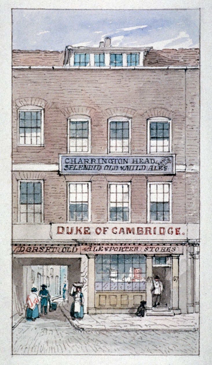 Utsikt över Duke of Cambridge Tavern, Shoe Lane, City of London, c1840. av James Findlay