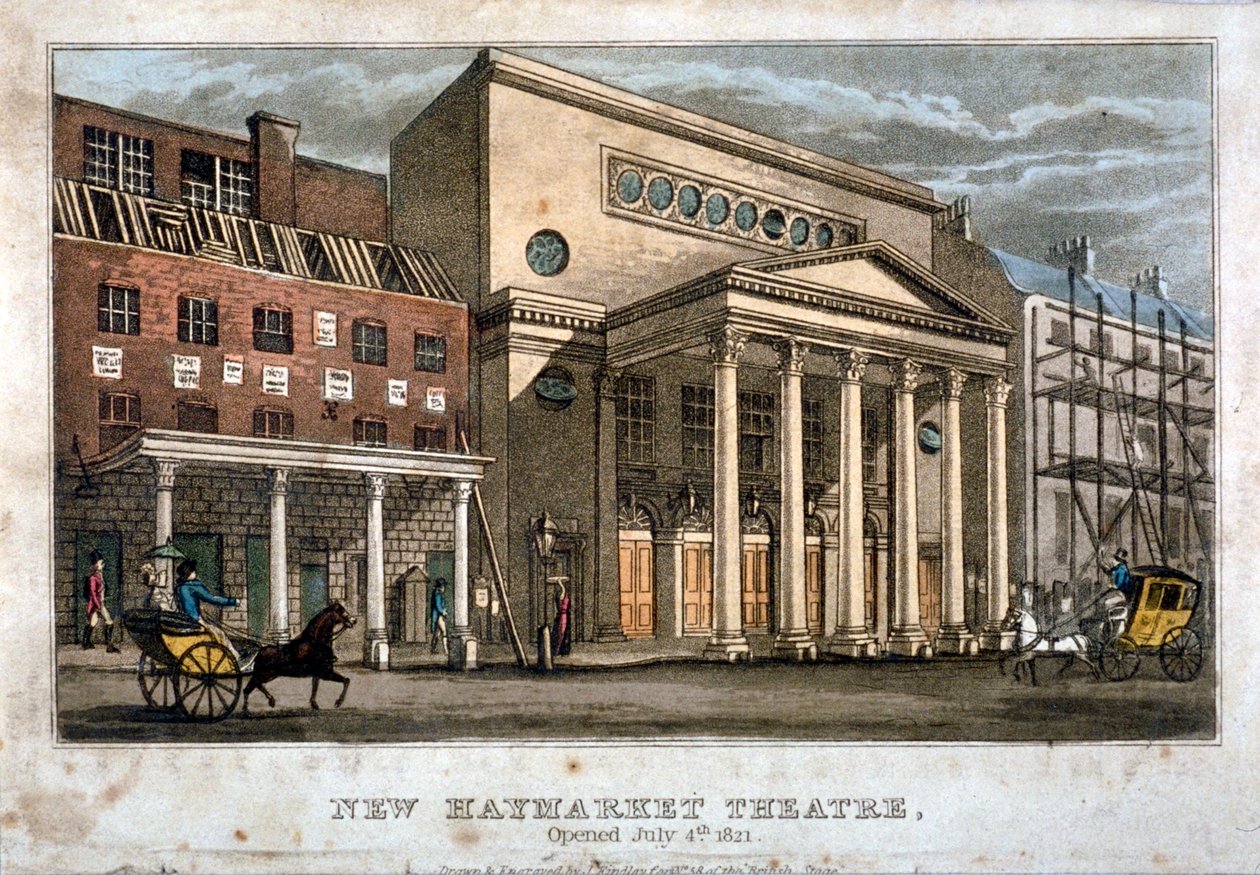 Utsikt över Haymarket Theatre, Westminster, London, 1821. av James Findlay