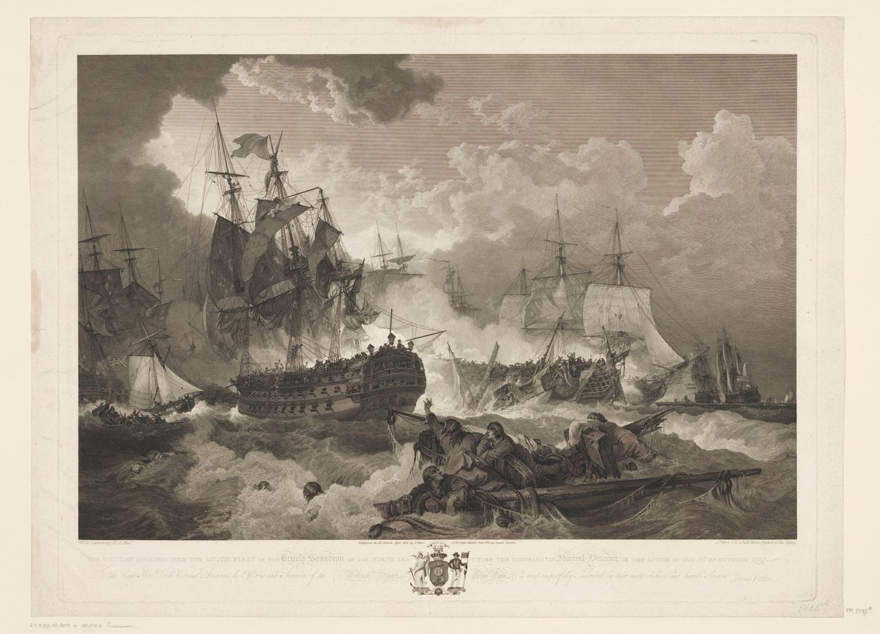 Slag bij Kamperduin, 1797 Segern som erhölls över den holländska flottan av den brittiska skvadronen i Nordsjön under befäl av amiral Duncan under aktionen den 11 oktober 1797 (titel på objekt) av James Fittler