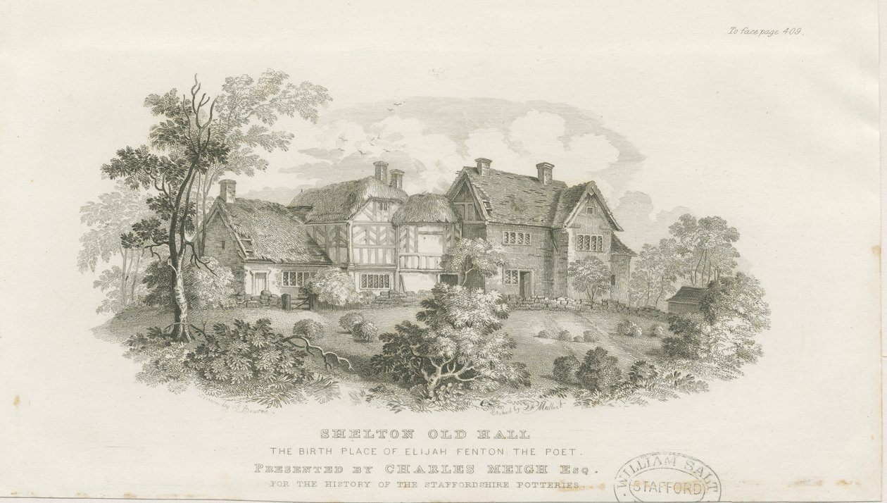Shelton Old Hall: stålgravyr (vinjeterad), nd [c 1843] (tryck) av James Flewitt Mullock